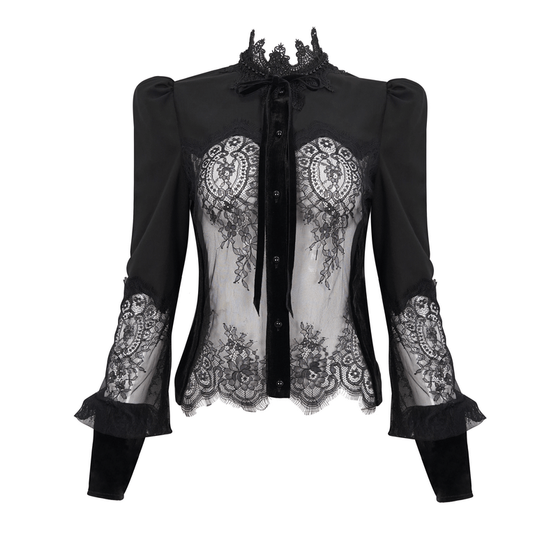 Elegant black lace puff sleeve blouse with transparent fabric and intricate detailing, perfect for a gothic outfit.