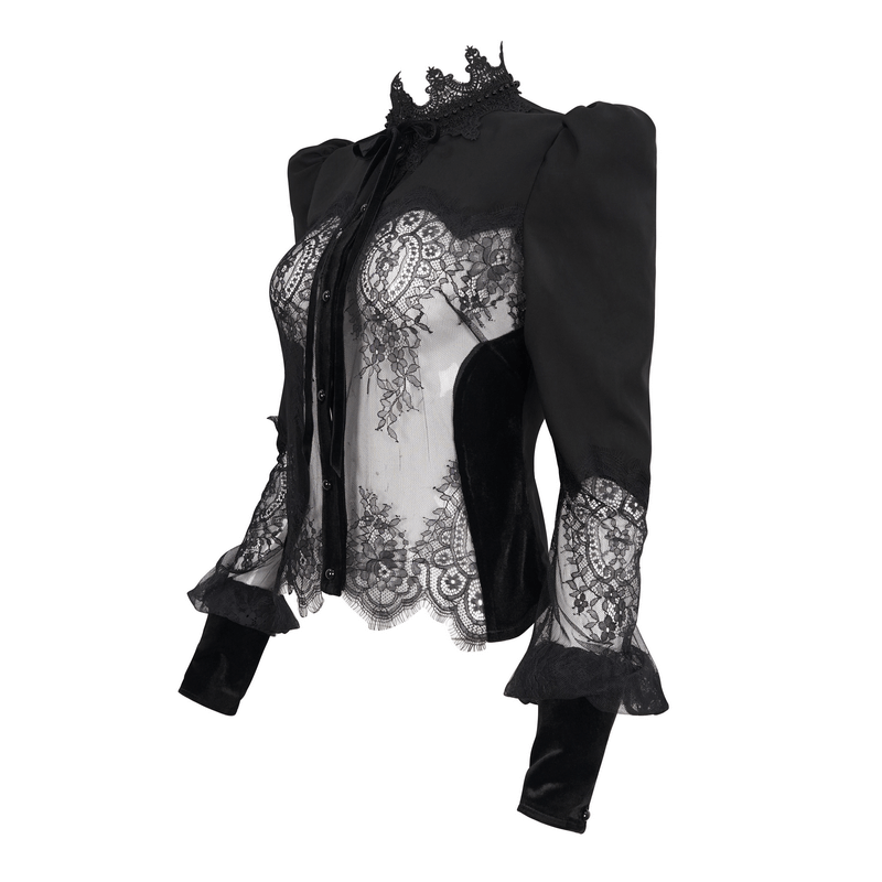 Gothic black lace long puff sleeve blouse with transparent fabric and elegant buttons, stylish women's shirt.