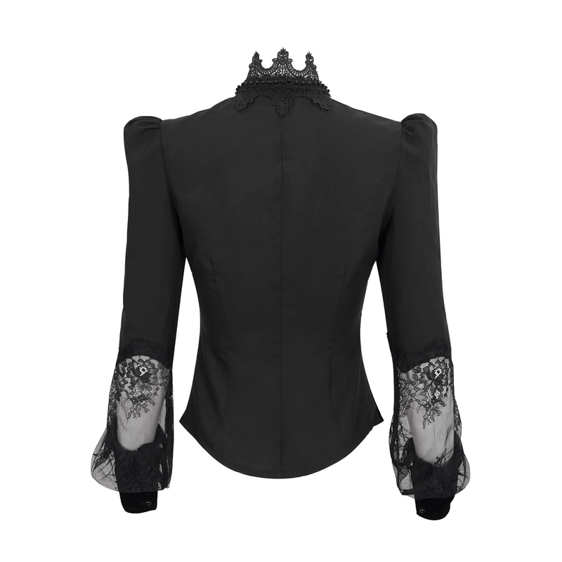 Back view of a chic black Gothic blouse featuring puff sleeves and lace details, perfect for an elegant outfit.