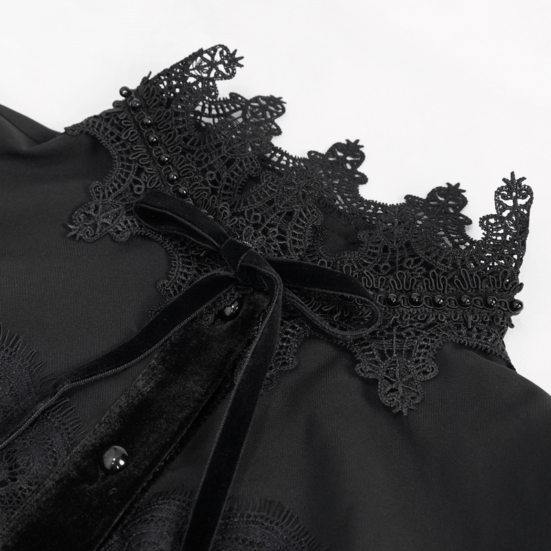 Elegant black blouse with intricate lace collar and velvet ribbon, highlighting gothic style details.