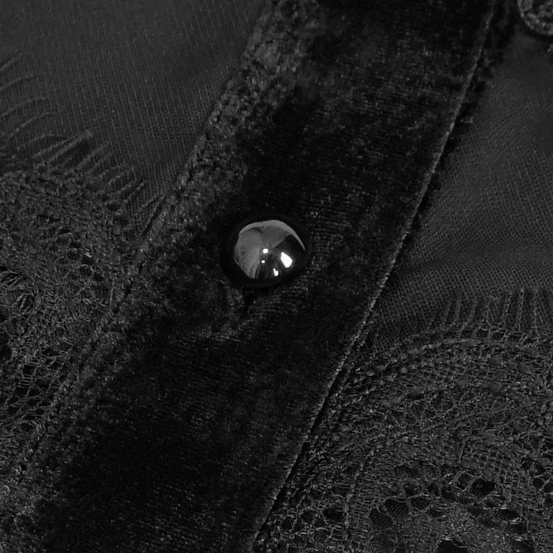 Close-up of black lace and button detail on Gothic style women's puff sleeve blouse.