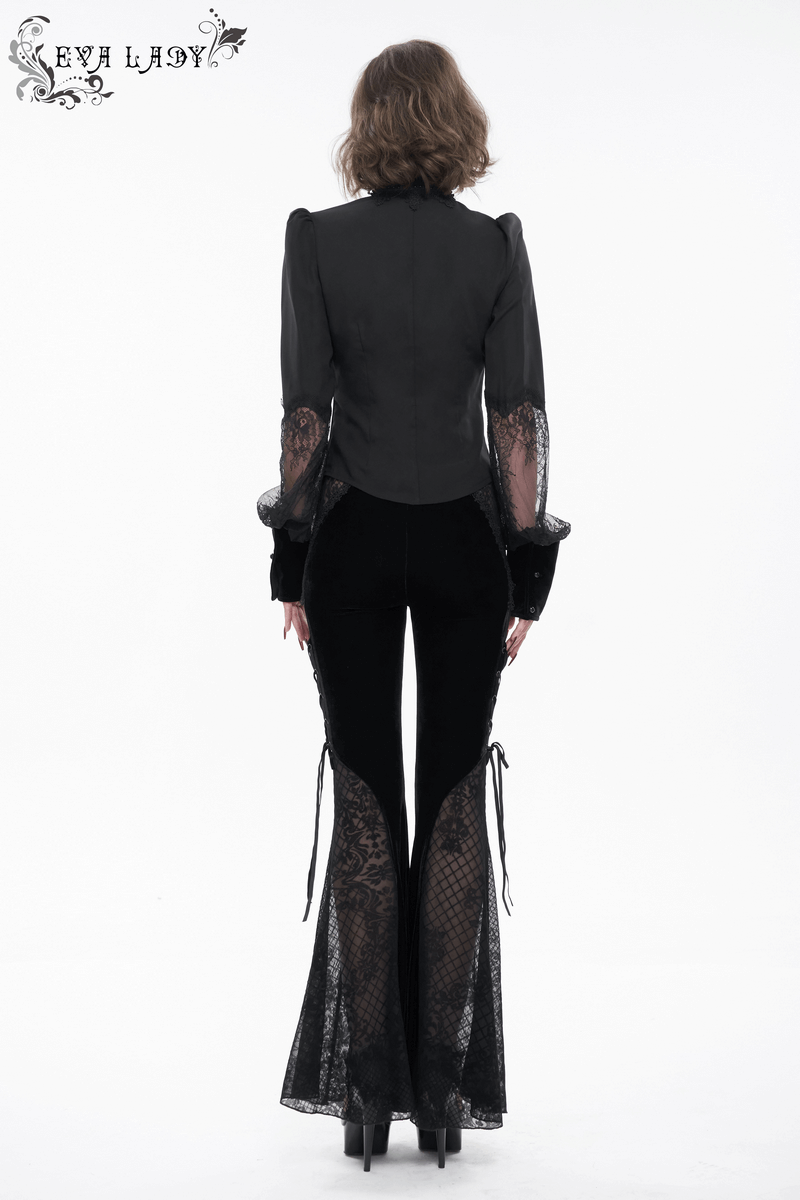 Back view of a stylish women's black gothic blouse with lace puff sleeves, paired with flared pants.