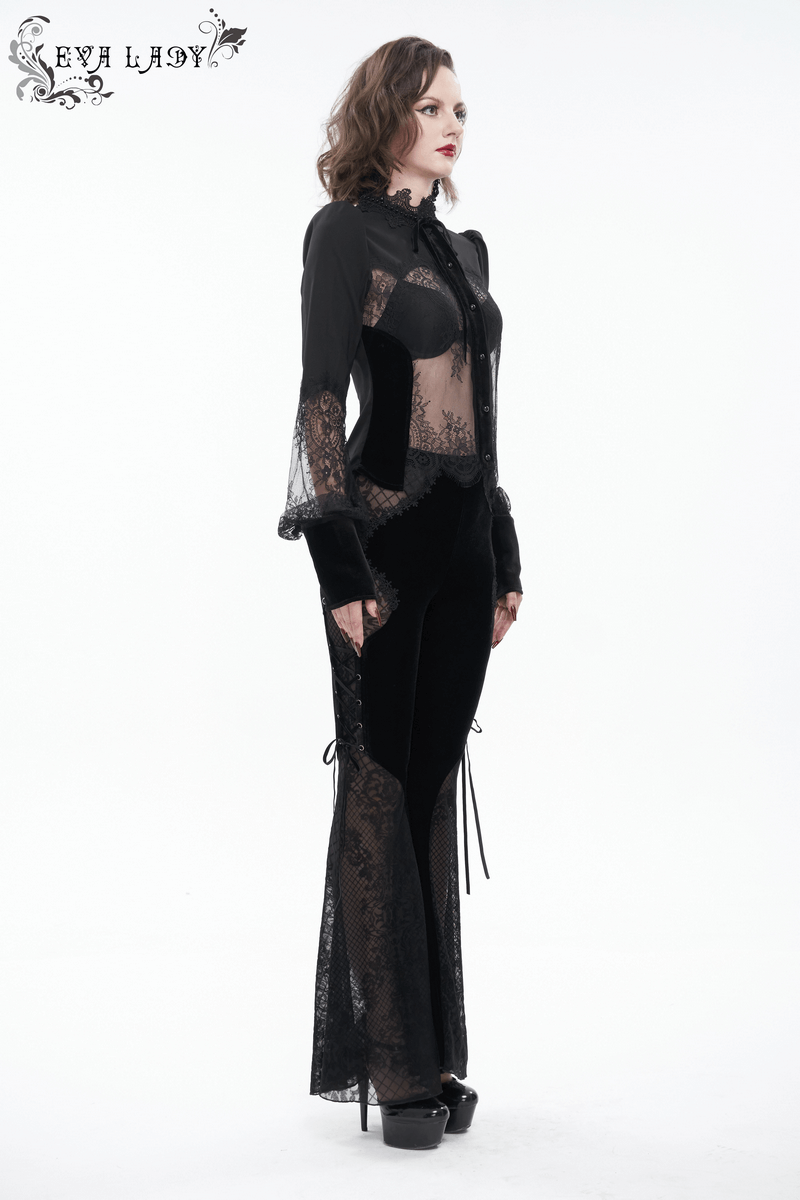 Elegant gothic black lace long puff sleeve blouse paired with stylish black pants, showcasing a chic transparent design.