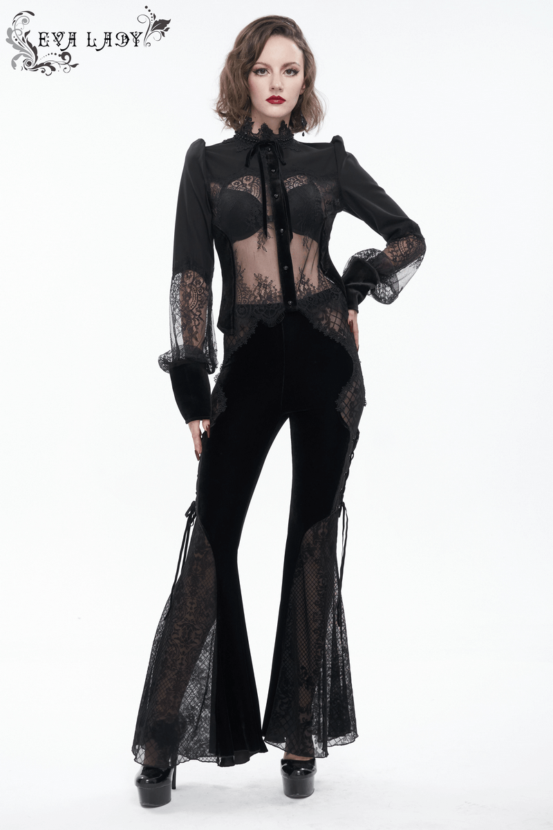 Elegant Gothic black blouse with lace inserts and puff sleeves, styled with trendy flared pants, perfect for a chic outfit.