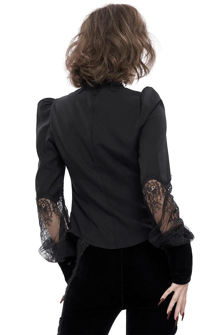 Elegant Gothic black blouse with lace puff sleeves, showcasing a stylish back view for a chic look.