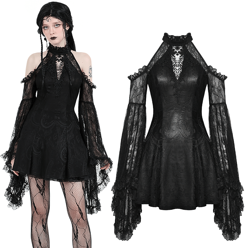 Gothic black lace off-shoulder dress with bell sleeves, perfect for a stylish night out.