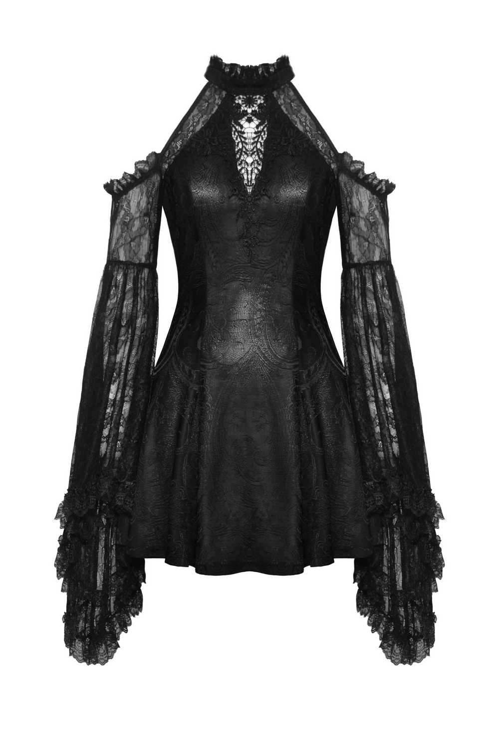 Gothic black lace off-shoulder dress with dramatic bell sleeves and fitted bodice, perfect for stylish nights out.