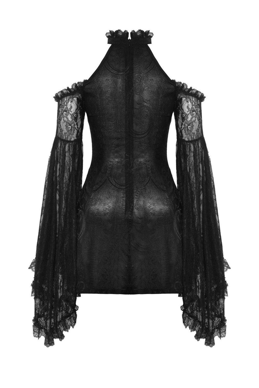 Back view of a sexy black lace off-shoulder dress with dramatic bell sleeves, perfect for gothic-inspired fashion.