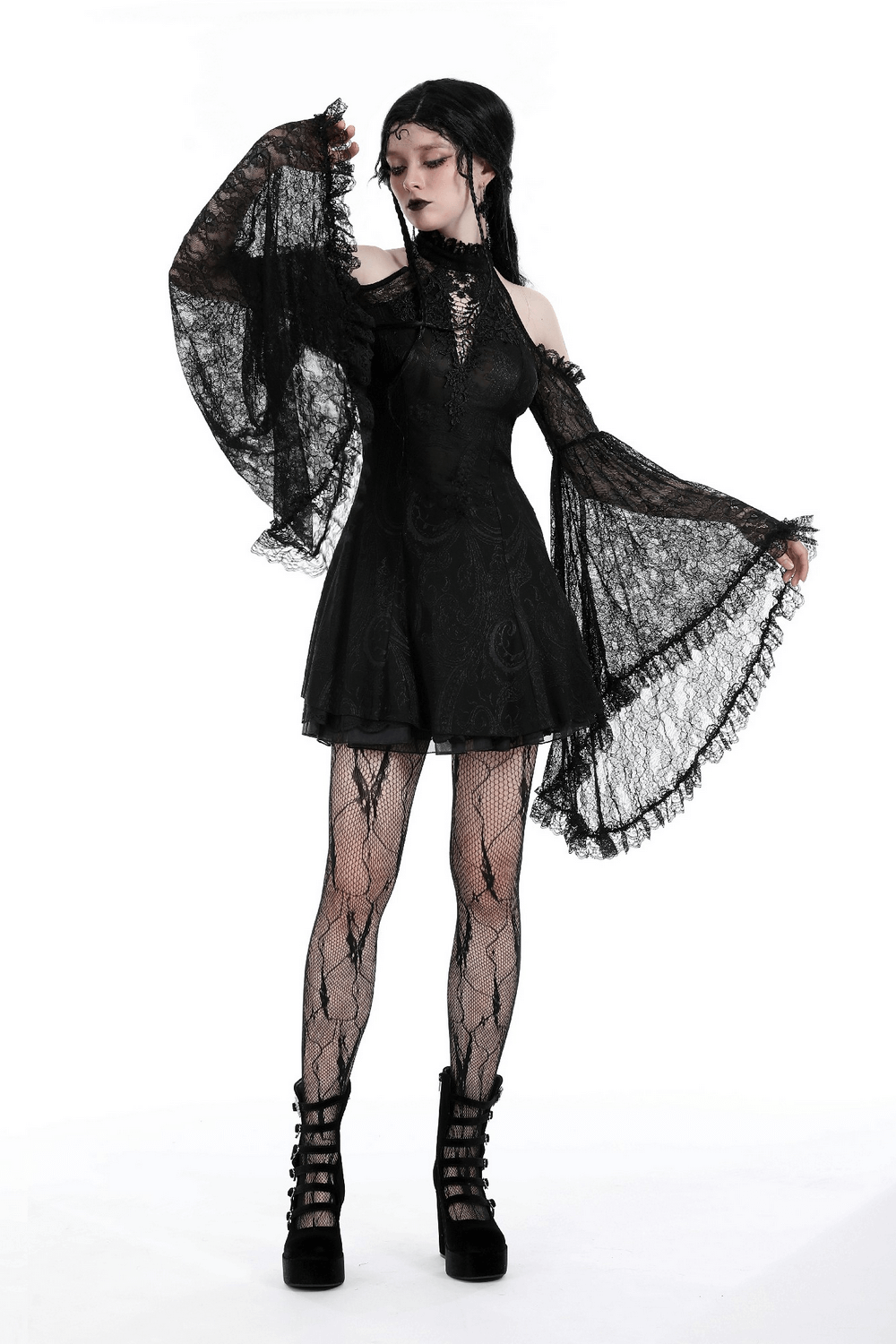 Gothic black lace off-shoulder dress with bell sleeves, perfect for a romantic night out.