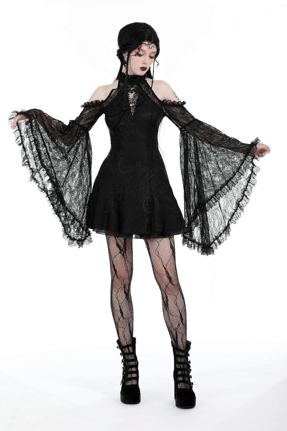 Gothic black lace off-shoulder dress with dramatic bell sleeves, perfect for a stylish night out.