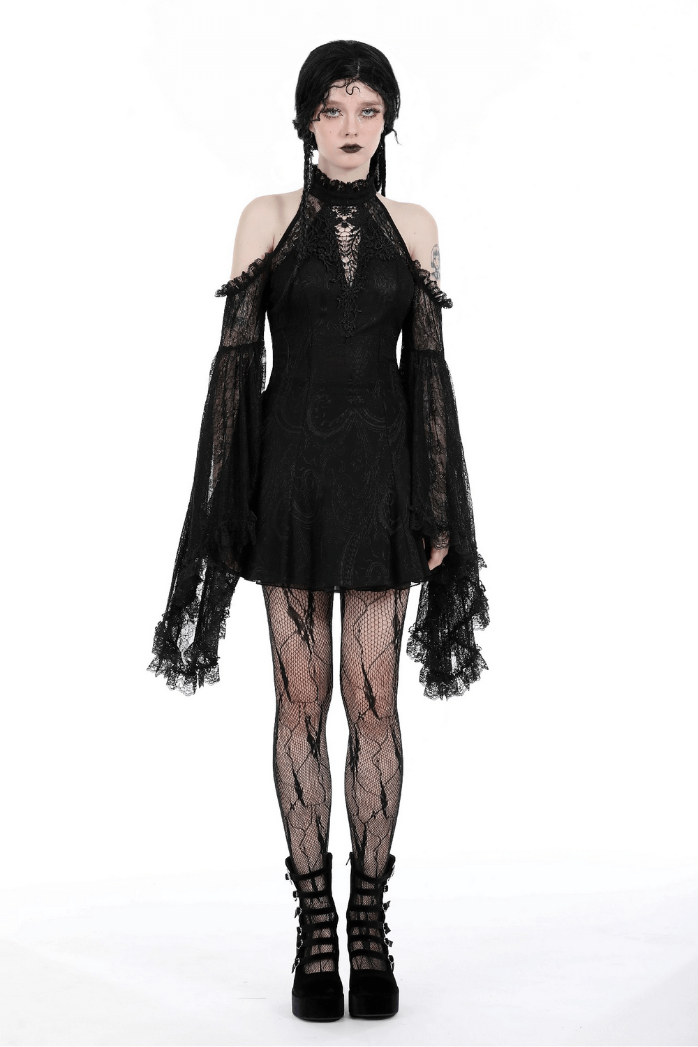 Gothic black lace dress with cold shoulders and bell sleeves, perfect for a night out or special occasion.