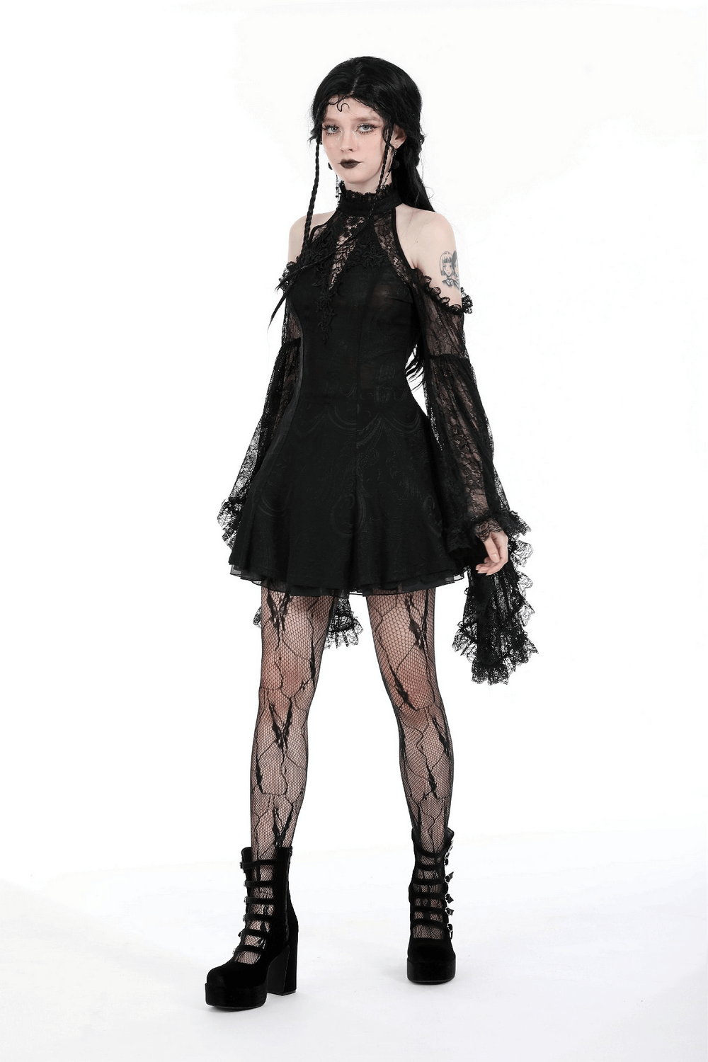 Gothic black lace off-shoulder dress with bell sleeves, showcasing a fitted bodice and flowy skirt style.