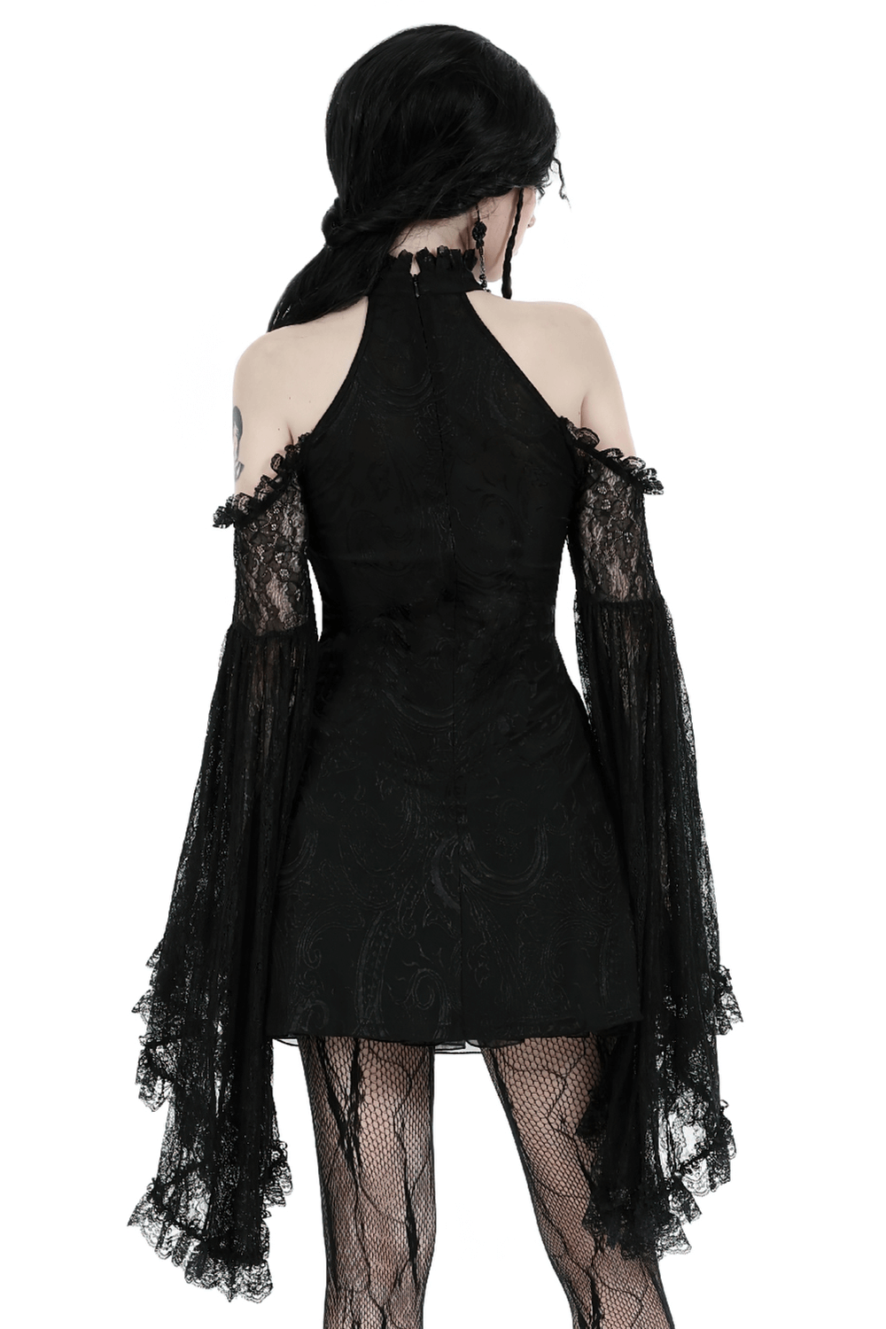 Back view of a sexy gothic black lace off-shoulder dress with dramatic bell sleeves, perfect for an enchanting look.