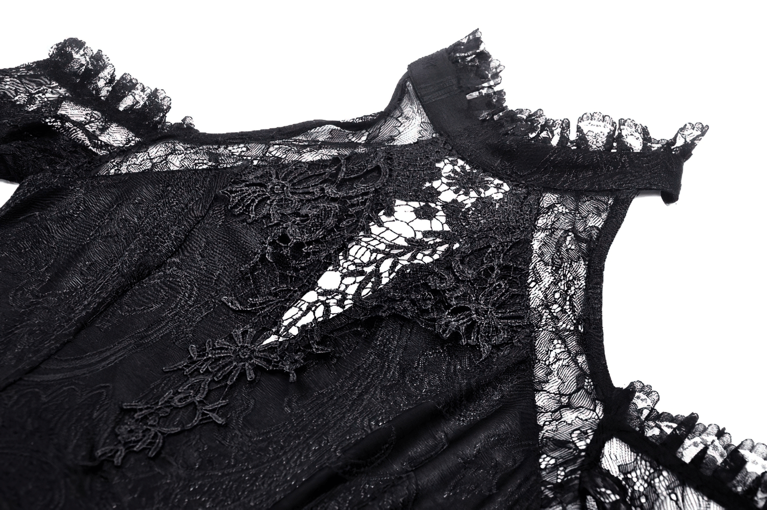 Elegant black lace off-shoulder dress featuring intricate floral lace details and bell sleeves for a gothic vibe.