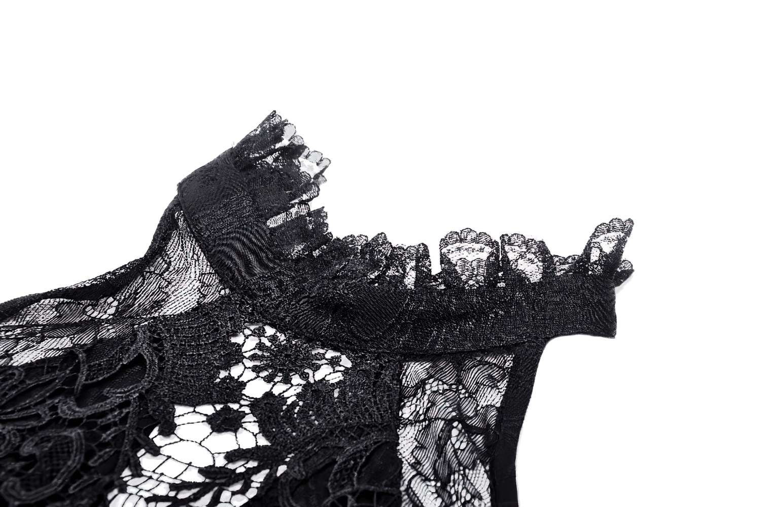 Close-up of gothic black lace off-shoulder dress neckline with ruffled detail, showcasing bell sleeve style.