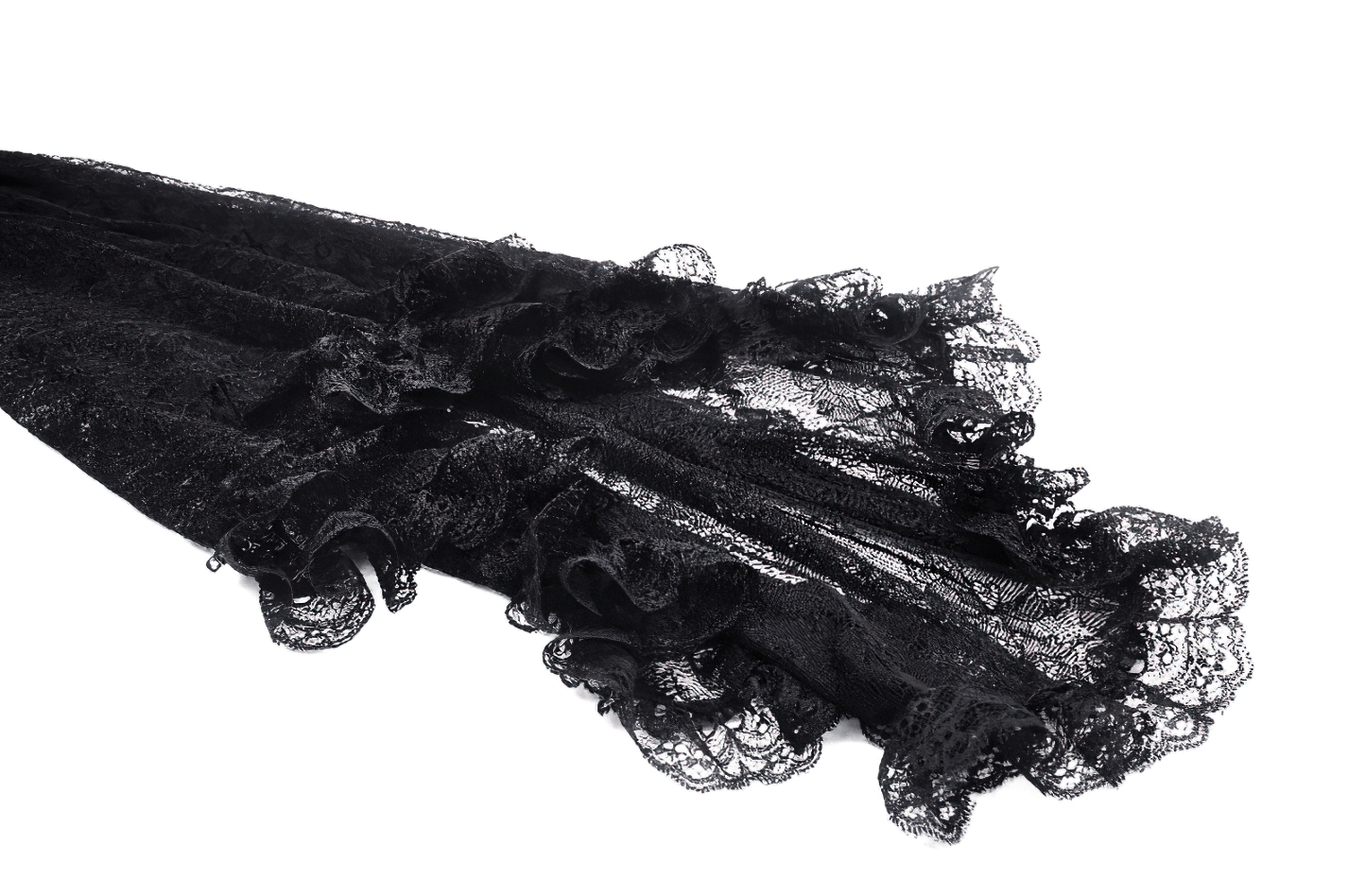 Elegant black lace fabric with ruffled edges, perfect for gothic or romantic fashion designs.