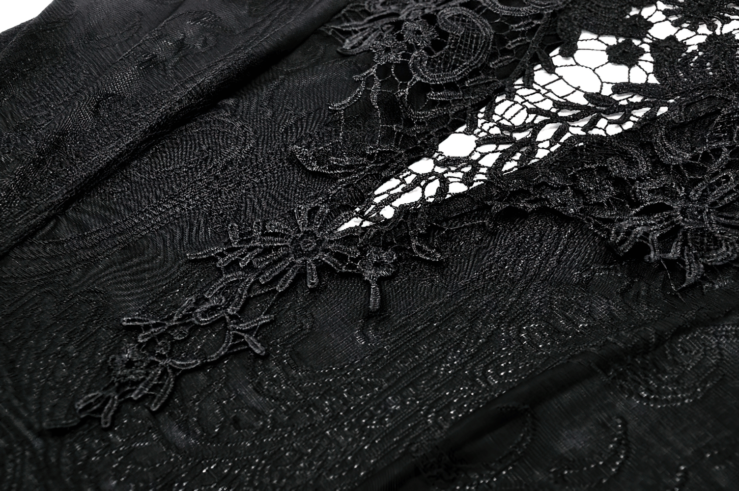 Elegant black lace fabric with intricate flower patterns, perfect for a gothic off-shoulder dress.