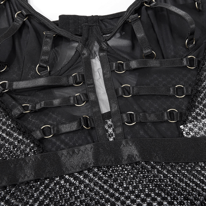 Close-up of sexy lace bodysuit detailing, featuring slim straps and alluring hooks for a tantalizing silhouette.