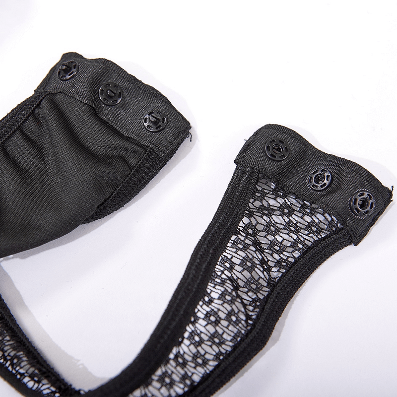 Close-up of black lace bodysuit straps with delicate buttons, showcasing intricate design and seductive style.