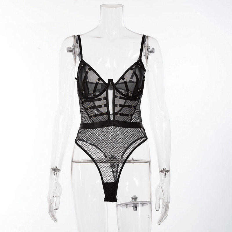 Stylish black lace one-piece bodysuit with slim straps and seductive see-through design for women.