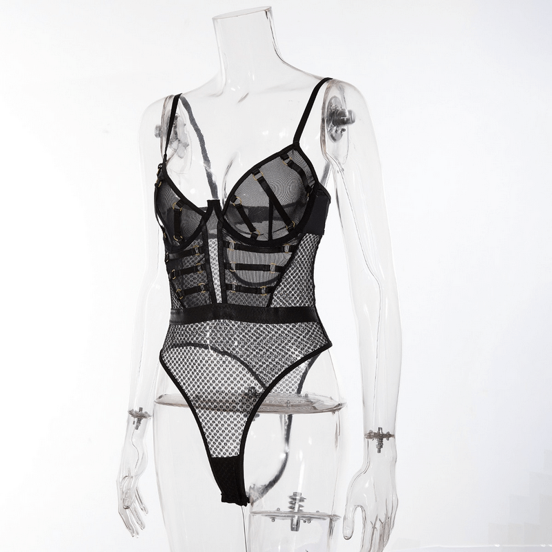 Sexy lace one-piece bodysuit on a mannequin showcasing sheer design and slim straps for a seductive look.