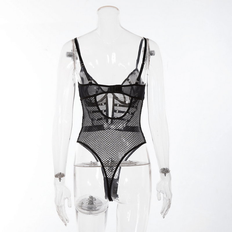 Sexy black lace one-piece bodysuit for women with slim straps and see-through design, perfect for seductive looks.