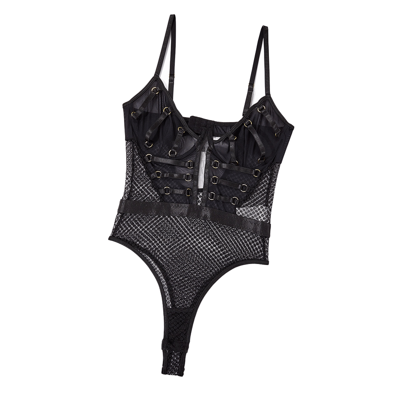 Sexy lace one-piece bodysuit with slim straps and alluring lace design, perfect for enhancing your seductive style.