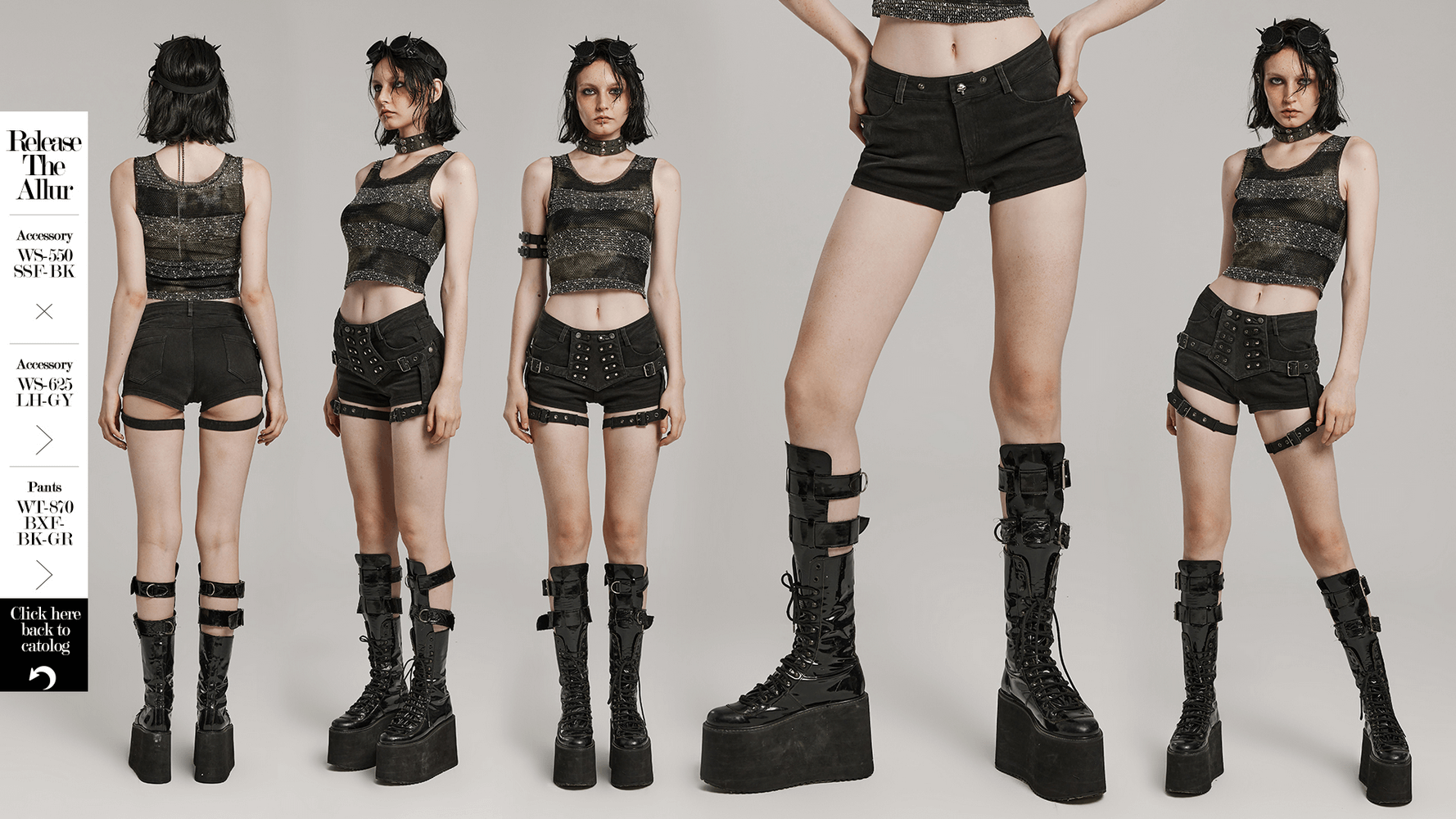 Women modeling black lace-up detail denim hot shorts, showcasing edgy style with platform boots and trendy crop tops.