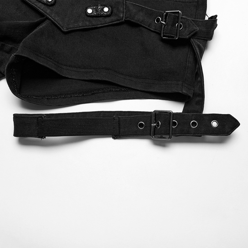 Black lace-up detail denim shorts showcasing stylish buckles and straps for a trendy, edgy look.