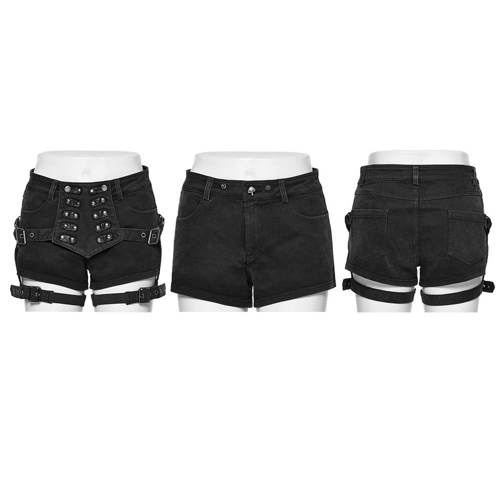 Black lace-up detail denim hot shorts for women, showcasing edgy side tabs and a slim-fit design.