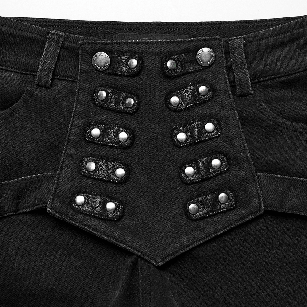 Close-up of black denim hot shorts featuring lace-up detail and stylish buttons for an edgy look.