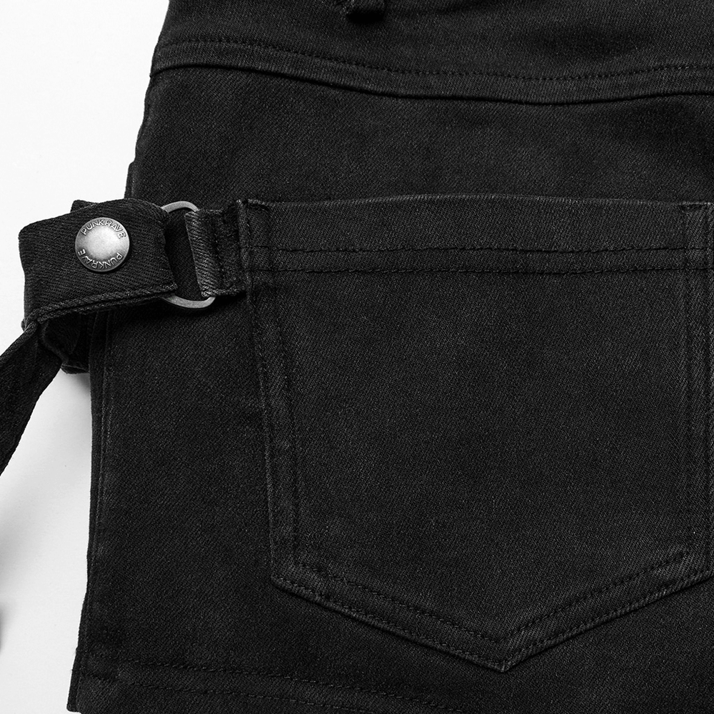 Close-up of black lace-up detail denim hot shorts, showcasing pocket and strap design for an edgy look.
