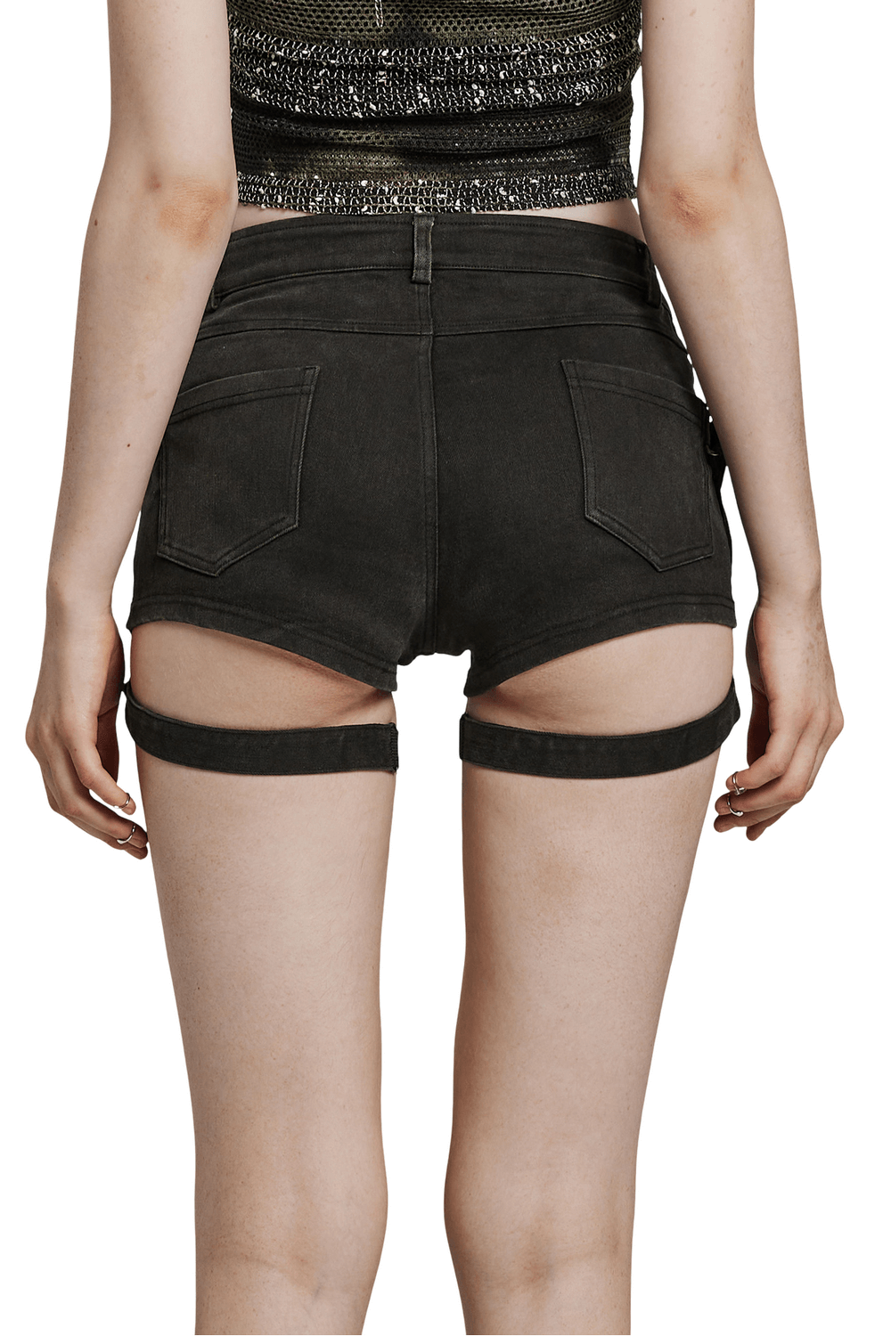 Back view of women in sexy black lace-up detail denim hot shorts, perfect for an edgy night out.