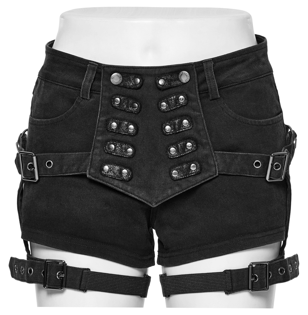 Black lace-up detail denim hot shorts for women, featuring edgy design with studs and side straps for a bold look.