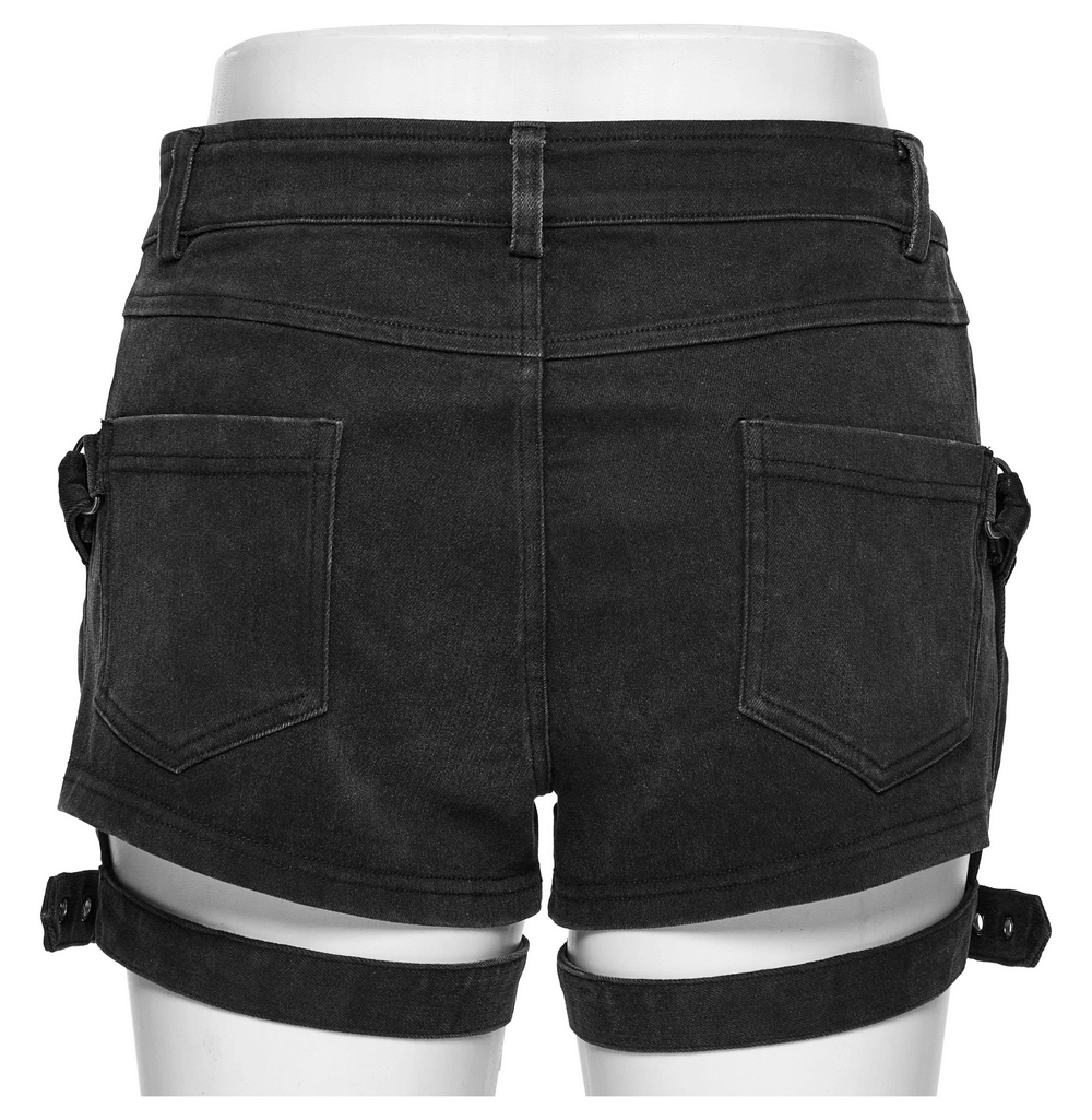 Back view of edgy black lace-up detail denim hot shorts for women, showcasing stylish pockets and adjustable straps.