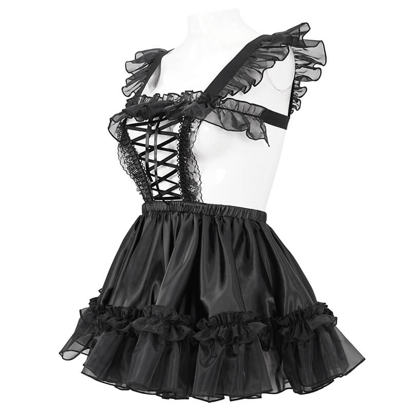 Black gothic lingerie dress with frill and lace details, featuring a seductive hollow-out design.