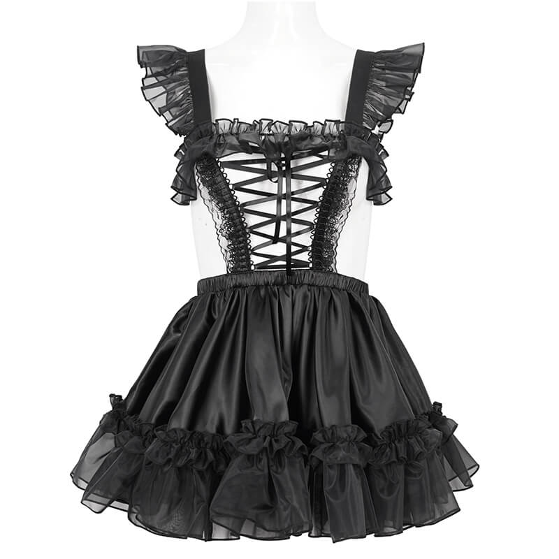 Black gothic women's short lingerie dress with frill, lace, and hollow-out design for a seductive style.