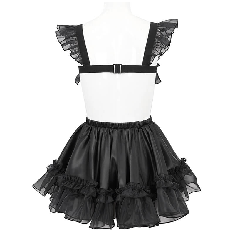 Back view of a black gothic short lingerie dress featuring frill and lace details, perfect for an alluring style.