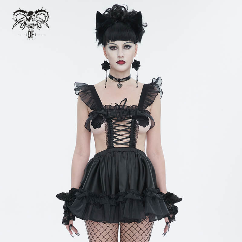 Black gothic ladies hollow-out lingerie dress with frill and lace, perfect for bold fashion statements.