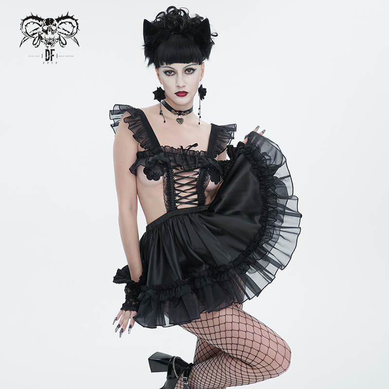 Black gothic lingerie dress with frills and lace, showcasing a seductive hollow-out design and edgy style.