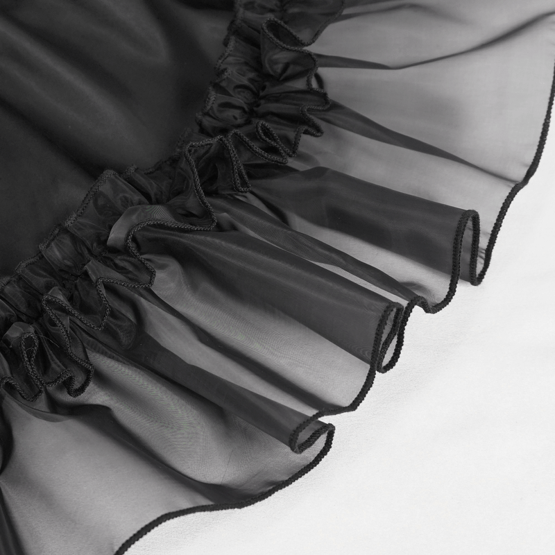 Close-up of frill and lace detail in a black gothic lingerie dress, emphasizing elegance and allure.