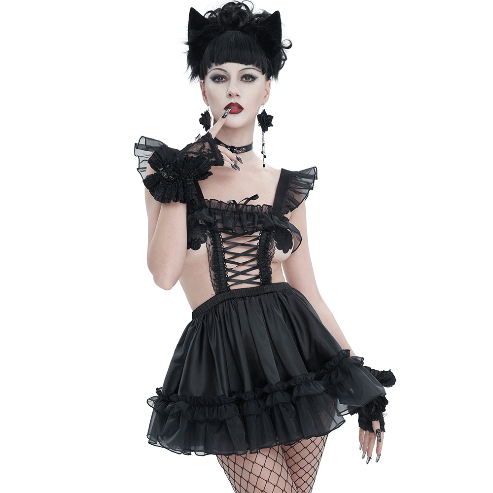 Sexy Ladies Hollow Out Short Lingerie Dress / Black Gothic Women's Dress with Frill and Lace - HARD'N'HEAVY
