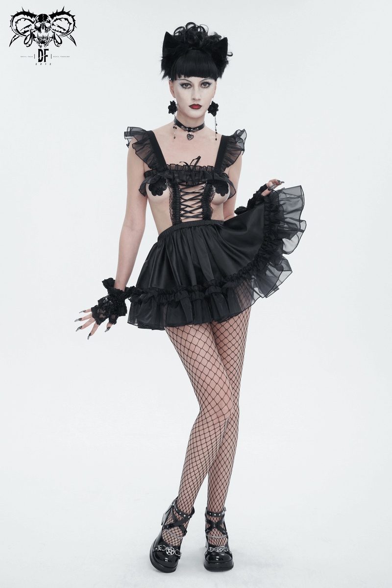 Model wearing a black gothic lingerie dress with frill and lace, embodying a seductive and mysterious vibe.