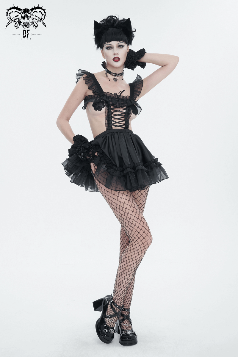 Elegant black gothic lingerie dress with frill and lace, showcasing a seductive hollow-out design and stylish fishnet stockings.