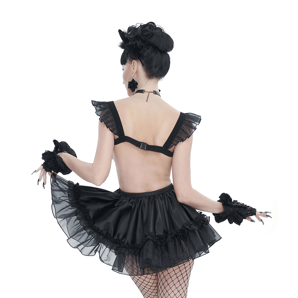 Back view of a sexy black gothic lingerie dress with frill, lace, and fishnet accents, perfect for alluring style.