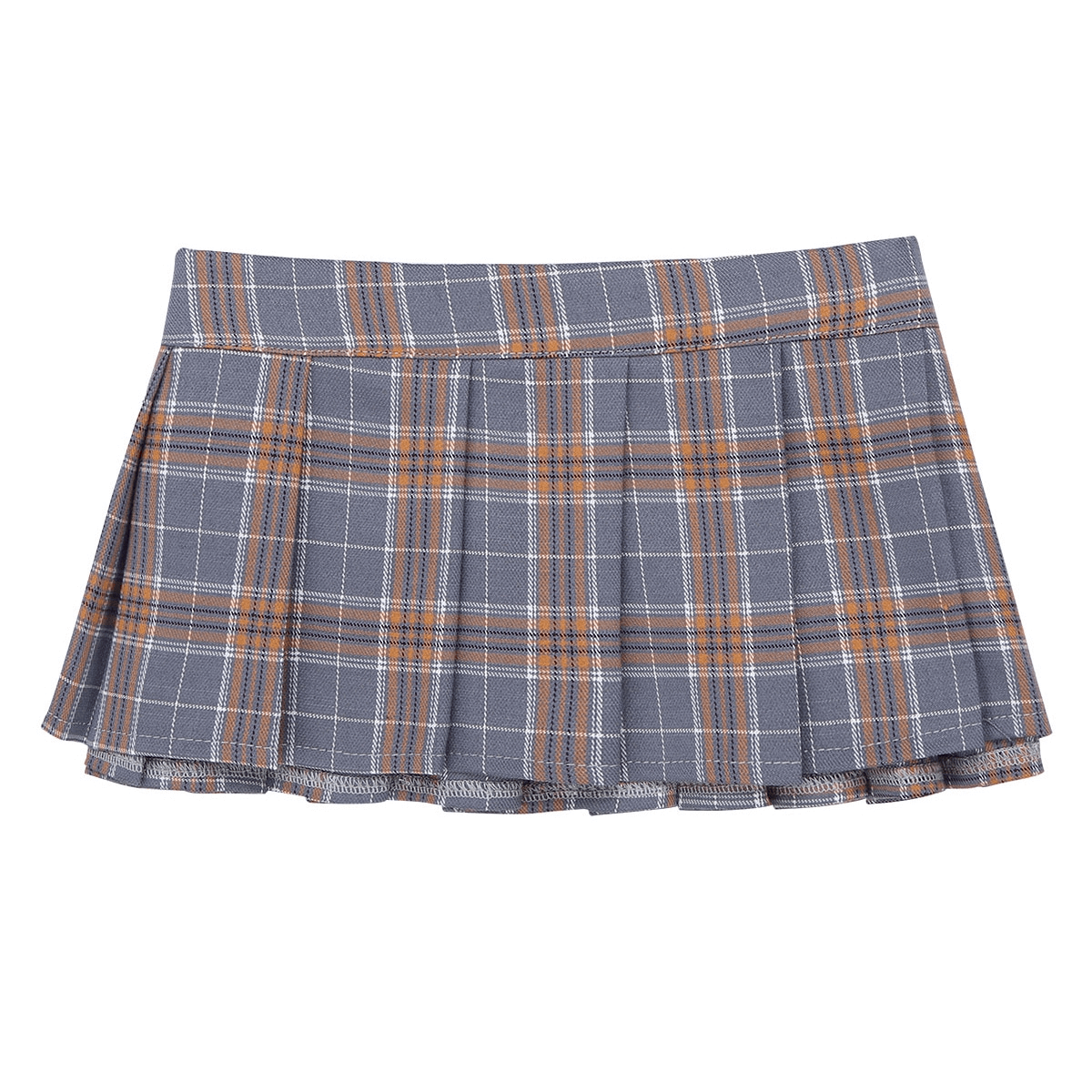 Punk style ladies mini skirt in gray and orange checkered print, perfect for trendy outfits.