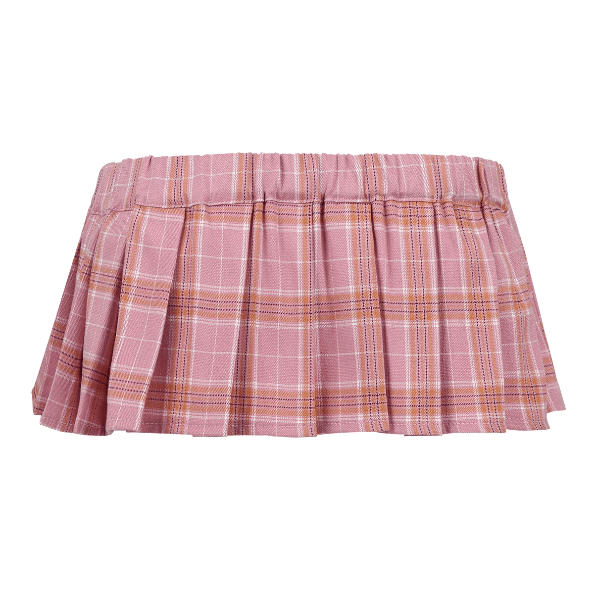 Cute pink plaid mini skirt with elastic waistband, perfect for a stylish punk outfit.