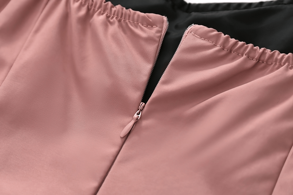 Close-up of the pink mesh dress neckline and zipper, showcasing its gothic style and exquisite detailing.
