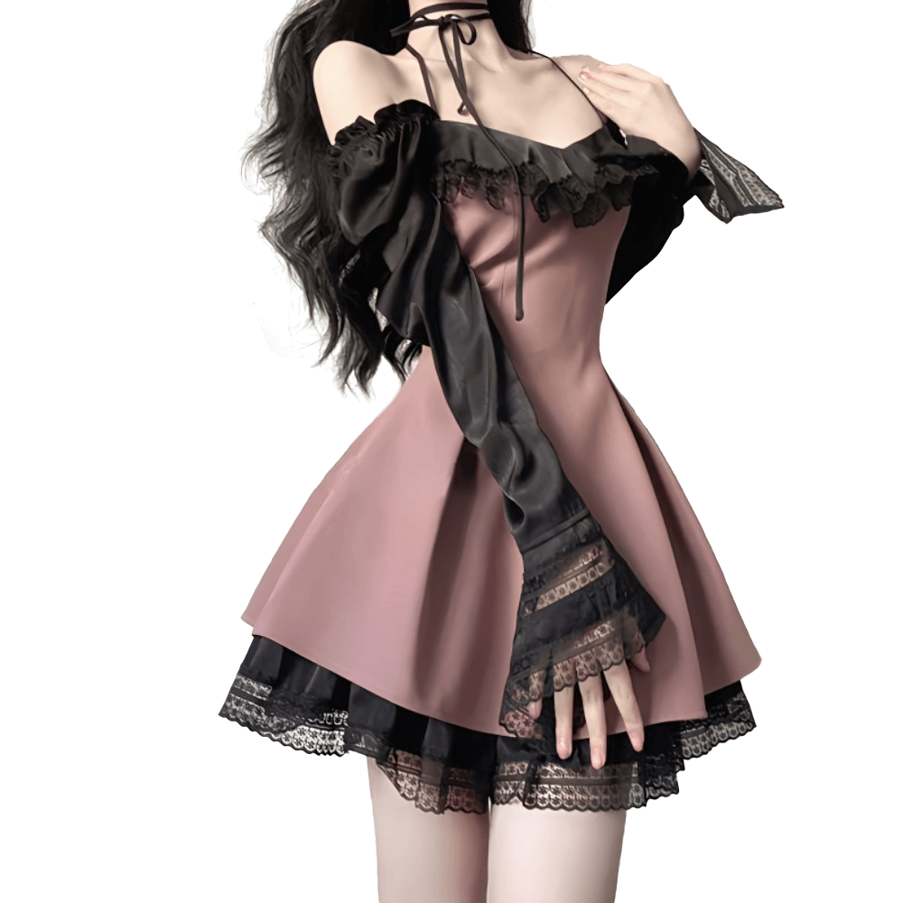 Sexy Long Sleeves Pink Mesh Dress / Gothic Women's Open Shoulders Mini Dress - HARD'N'HEAVY
