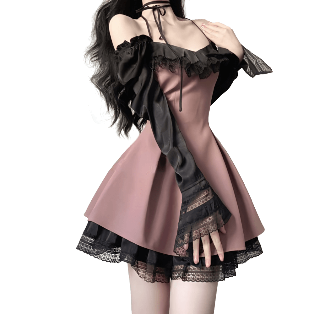 Sexy pink mesh mini dress with gothic open shoulders and long sleeves, featuring dramatic ruffles and lace details.
